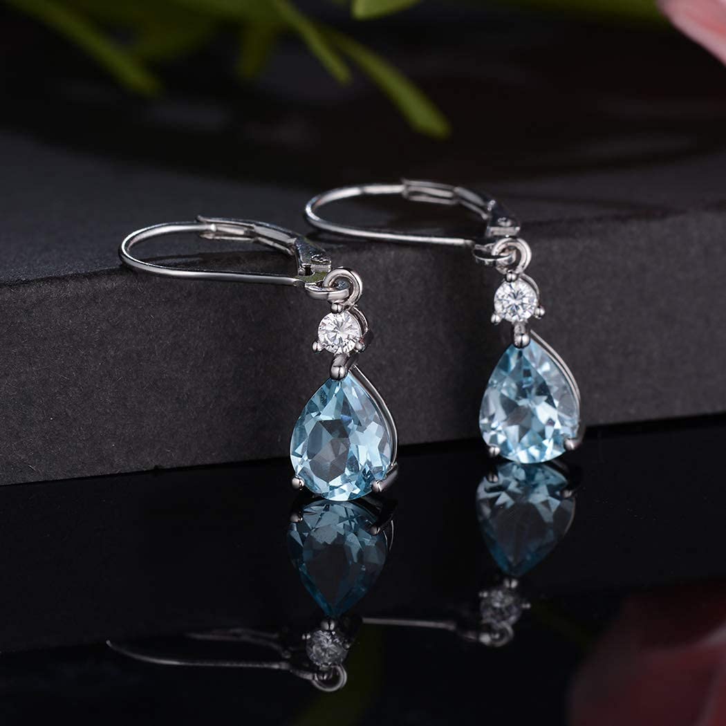 925 Sterling Silver 7 * 9mm Blue Topaz Teardrop Leverback Earrings Drop Dangly Gemstone Dangle Earrings Hypoallergenic Jewelry Birthday Gifts for Women