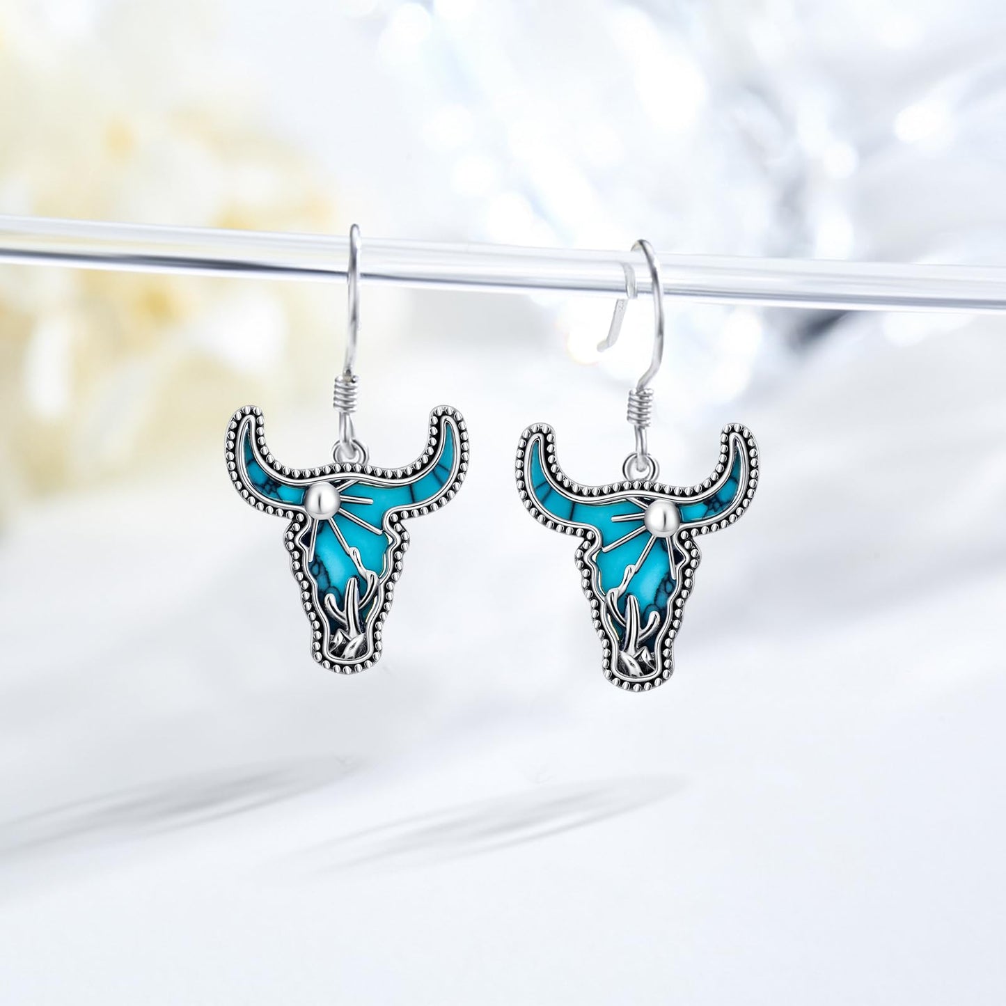 KoyeKei Western Cow Skull Earrings for Cowgirl Cowboy 925 Sterling Silver Longhorn Cow Skull Cactus Turquoise Dangle Drop Earrings Country Jewelry Bohemian Gifts for Women