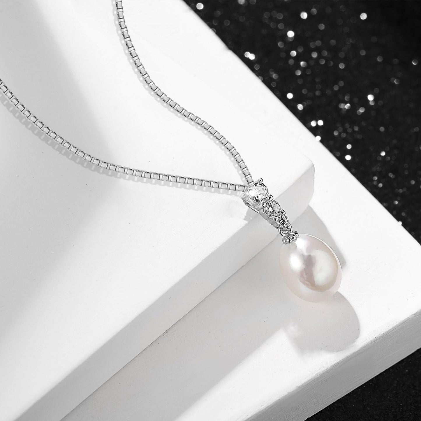 BAMIKI Pearl Necklace and Earrings Set, Freshwater Cultured Pearl Jewelry Set in 925 Sterling Silver with CZ - Elegance for Wife, Mom, Girlfriend on Anniversary, Mother's Day, or Birthday