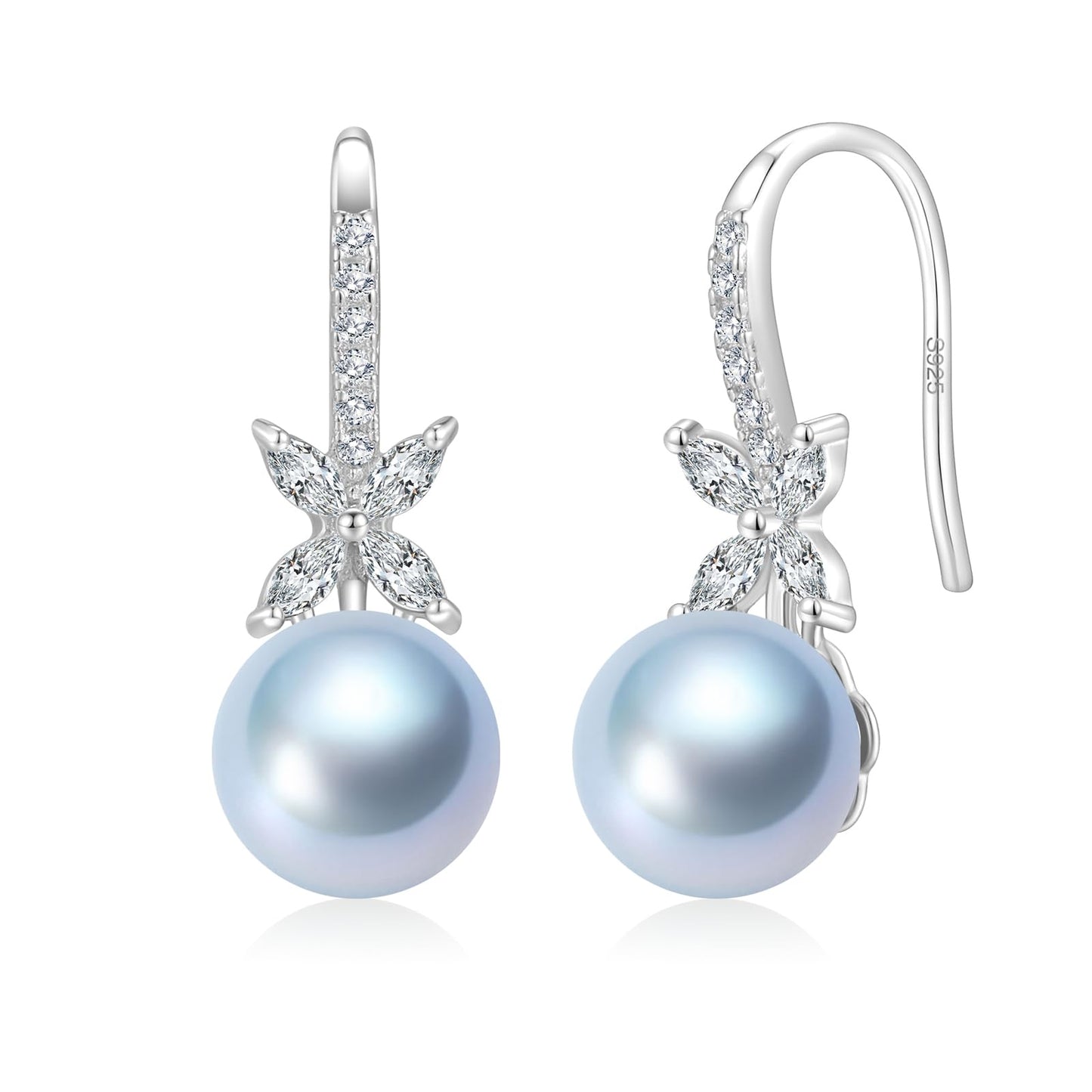 BAMIKI Pearl Drop Earrings for Women - 925 Sterling Silver 18k Gold Plated Hypoallergenic Round Blue Saltwater Cultured Pearls Ear Hook Earrings with Cubic Zirconia Jewelry Gifts for Mother Wife