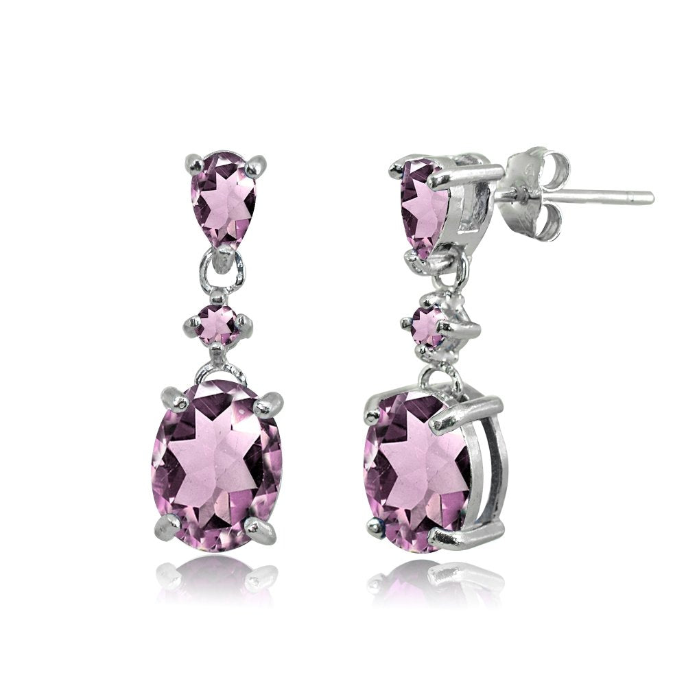 Sterling Silver Purple CZ Oval Three Stone Drop Dangle Earrings for Women