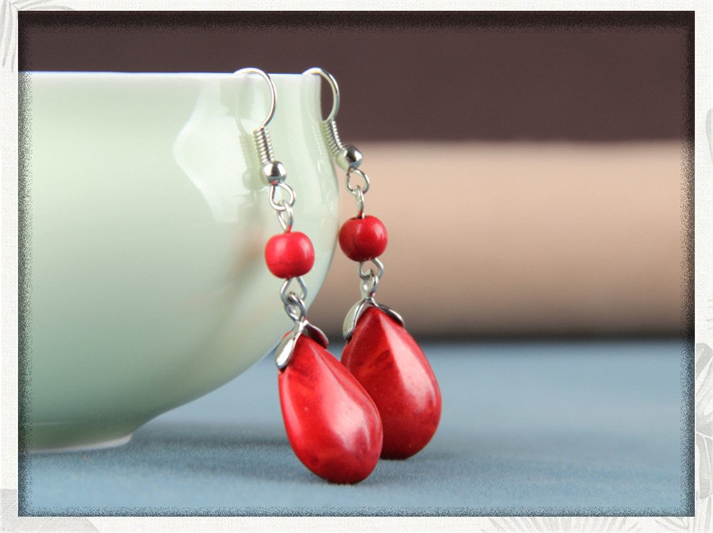 Double Lapis Lazuli Drop Earrings Natural Stone Round Bead Dangle Earrings for Women Fashion Jewelry Gift­ (F:red)