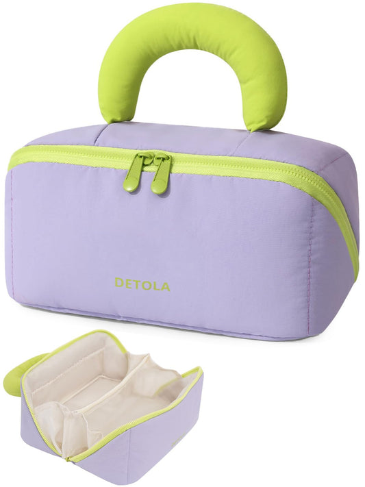 Detola Travel Makeup Bag, Cosmetic Bags for Women Lay Flat Makeup Bag with Compartments and Handle Waterproof Toiletry Bag Wide Open Portable Pouch Travel Essentials Gifts for Women, Purple