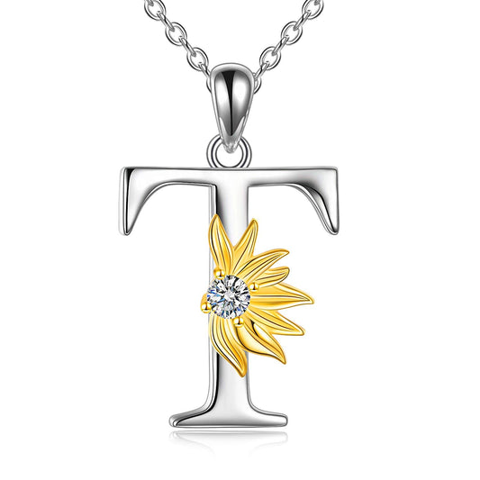 POPLYKE Sterling Silver Initial Alphabet Letter T Script Name Pendant Chain Necklace for Women for (Sunflower T)