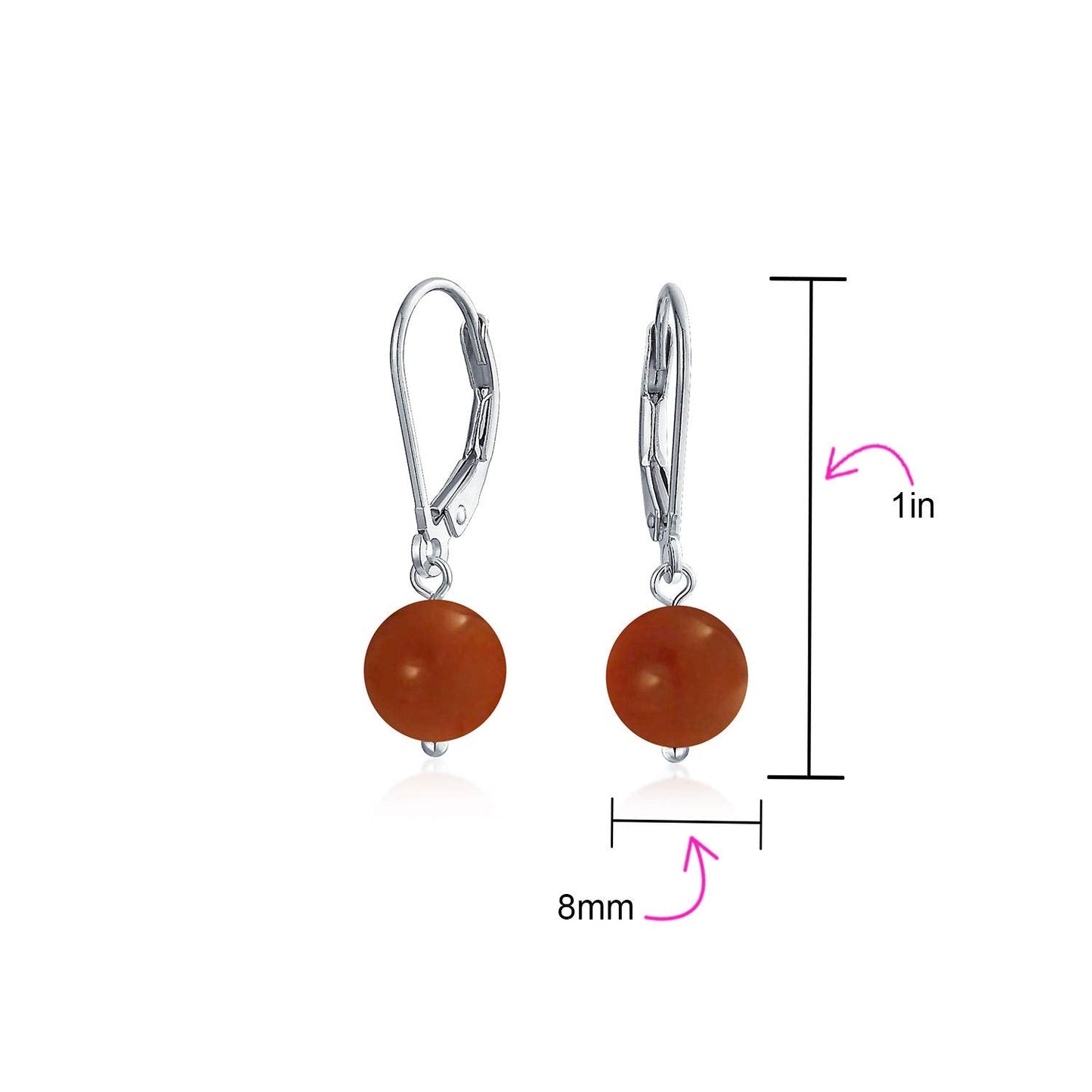 Bling Jewelry Timeless .925 Sterling Silver Red Carnelian, White Jade, Brown Golden Sandstone 8mm Ball Drop Earrings Secure Lever Back Genuine Gemstone (Set of 3)