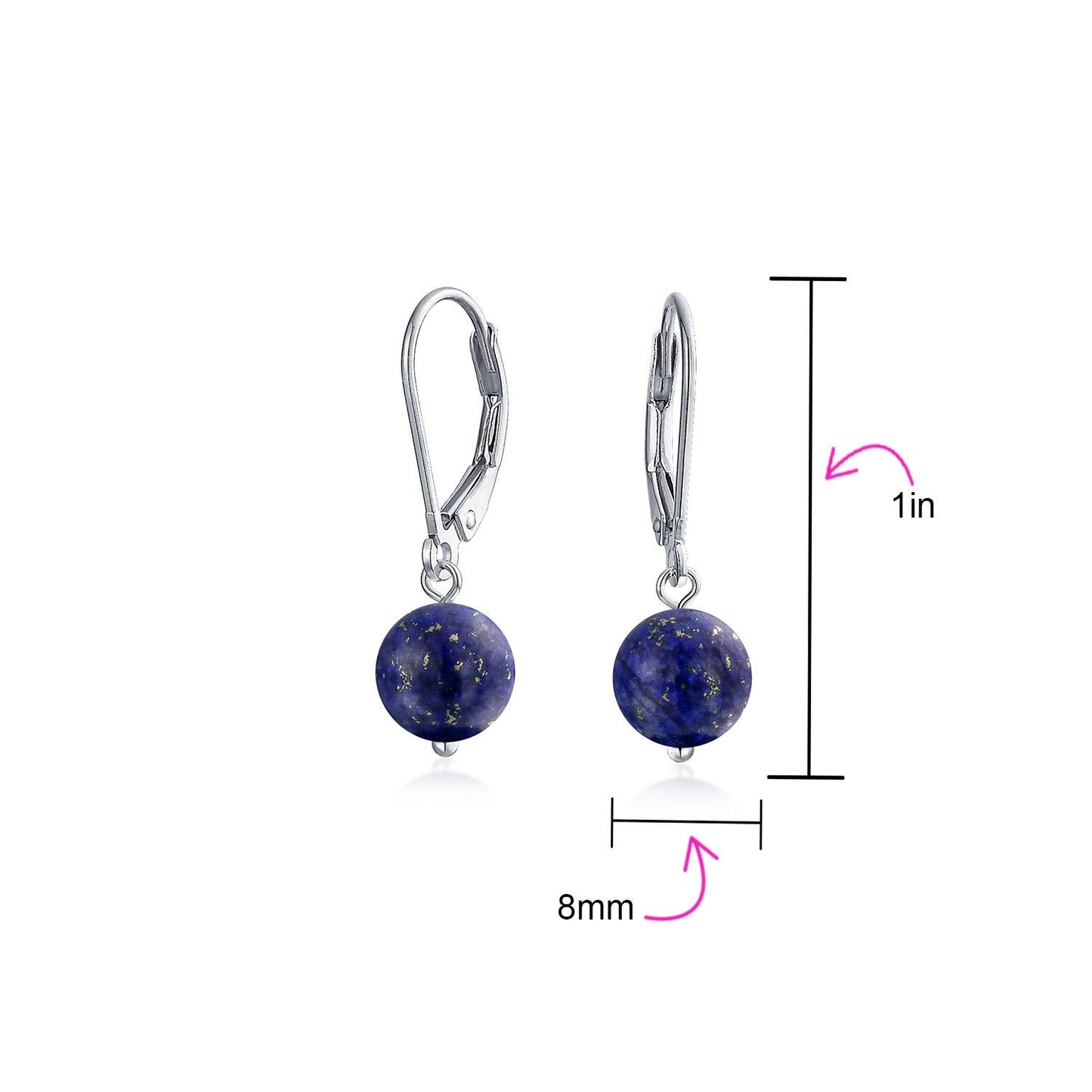 Bling Jewelry Simple Plain Navy Blue Lapis Lazuli Gemstone Round Dangle Lever back Ball Drop Earrings For Women .925 Sterling Silver
