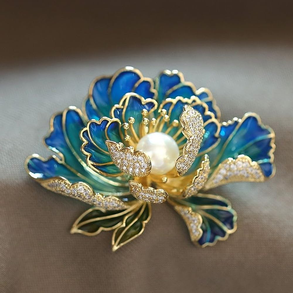 Dainty Flower Brooch Pins for Women Graceful Cubic Zircon Peony Pearl Enamel Badges Lapel Pins Trendy Banquet Prom Dress Jewelry Accessories Gift (Blue)