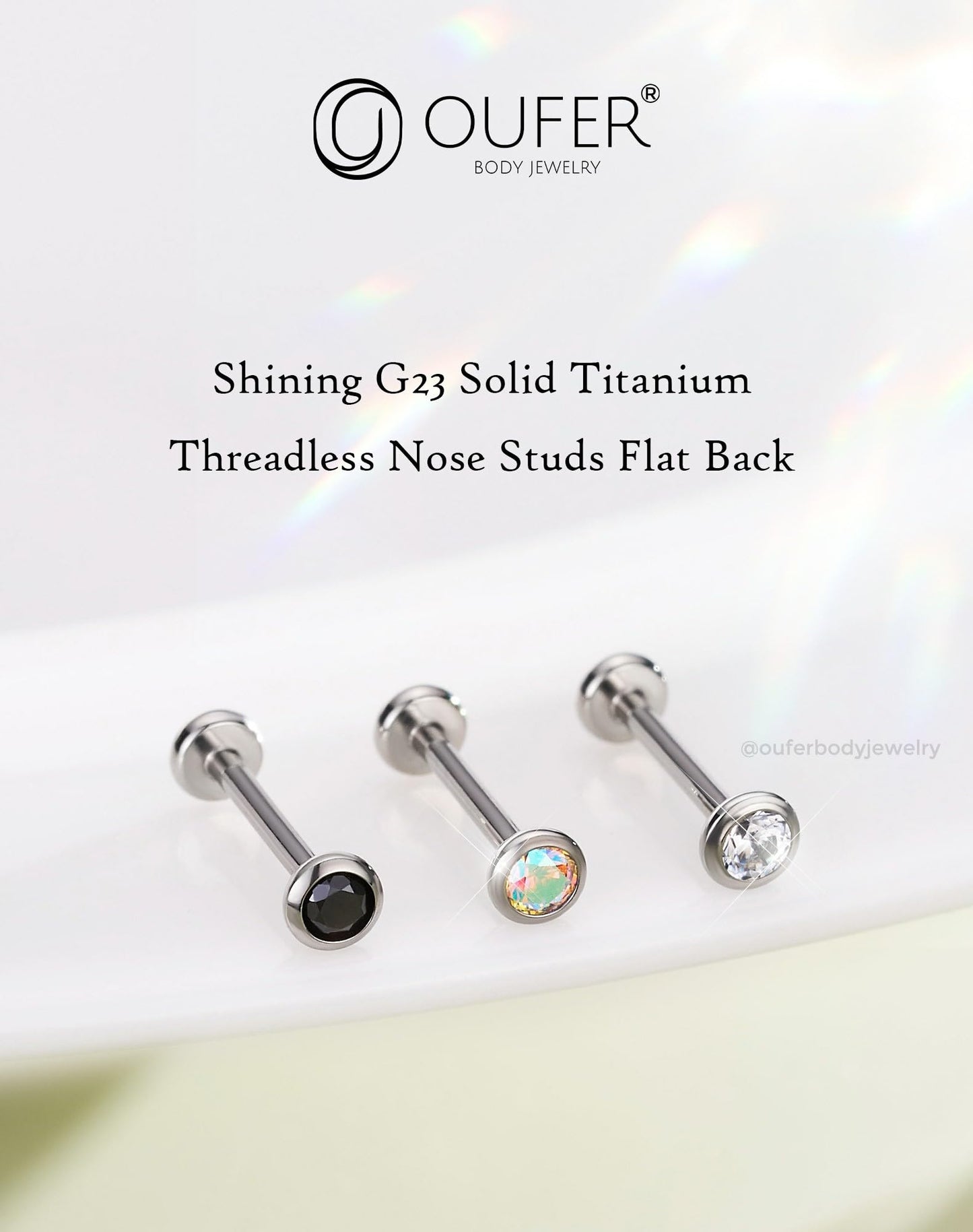 OUFER 2Pcs Black Nose Studs, 20G G23 Solid Titanium Threadless Nose Studs 2.5MM Flat Back Tiny CZ 2.5MM Nose Nostril Piercing Jewelry-7MM