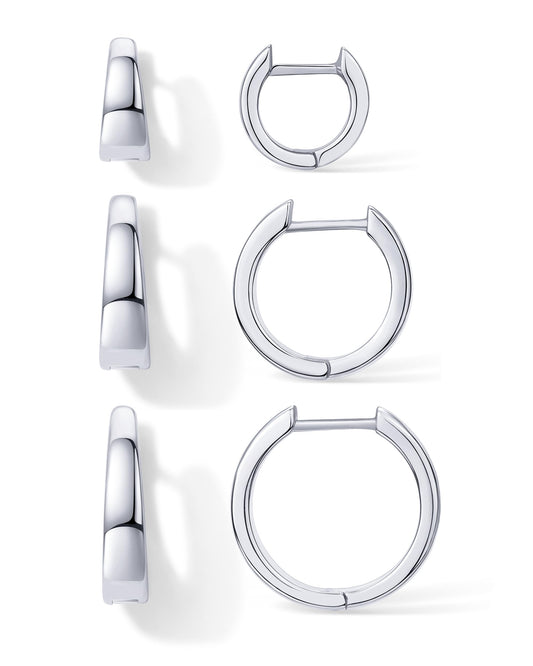 PAVOI Rhodium Plated 925 Sterling Silver Posts Three Pairs Small Hoop Earrings for Women - Wide Huggie Earscape Piercing Pack - Gold Hoop Earrings Set