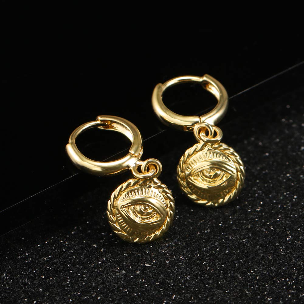 Evil Eye Dangle Drop Hoop Earrings With Small Charm 18K Gold Plated Vintage Huggie Hoops Elegant Dangling Jewelry for Women