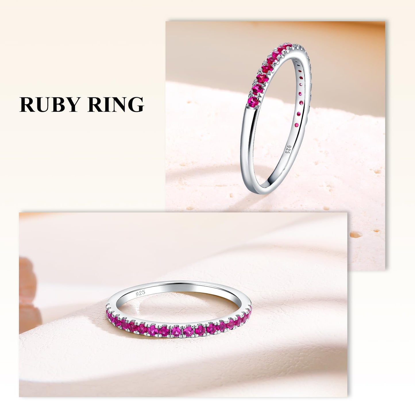 0.4 Cttw Ruby Wedding Ring 925 Sterling Silver Stackable Half Eternity Band July Birthstone Inlaid Red Stone Promise Cocktail Rings for Men Women, Size 6