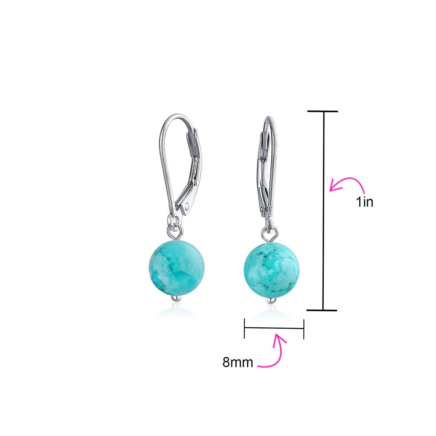 Bling Jewelry Timeless .925 Sterling Silver Blue Turquoise Bead 8mm Ball Drop Earrings Lever Back Genuine Gemstone December Birthstone
