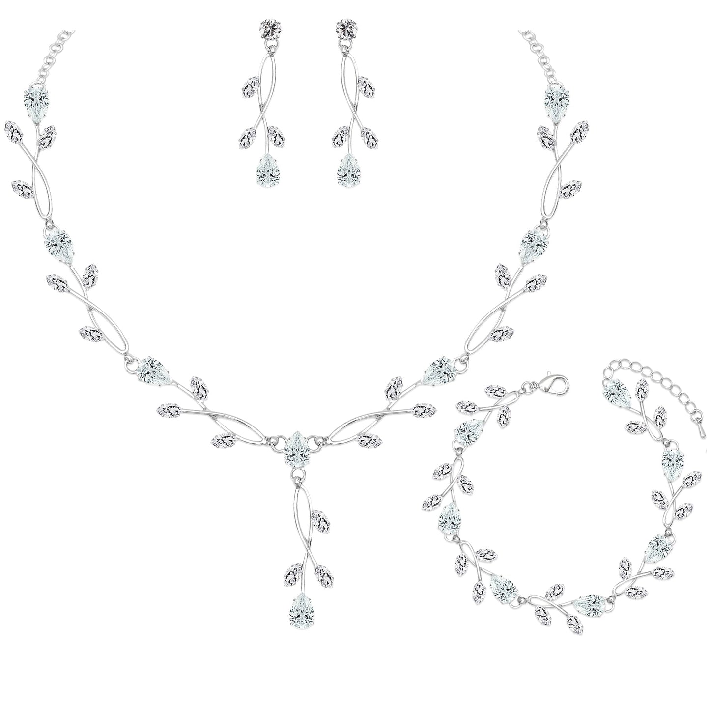 CSY Elegant Silver Bridal Jewelry Sets Clear Cubic Zirconia Wedding Necklace Earrings Bracelet Set for Birdes Bridesmaids CZ Prom Jewelry