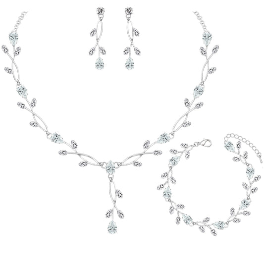CSY Elegant Silver Bridal Jewelry Sets Clear Cubic Zirconia Wedding Necklace Earrings Bracelet Set for Birdes Bridesmaids CZ Prom Jewelry
