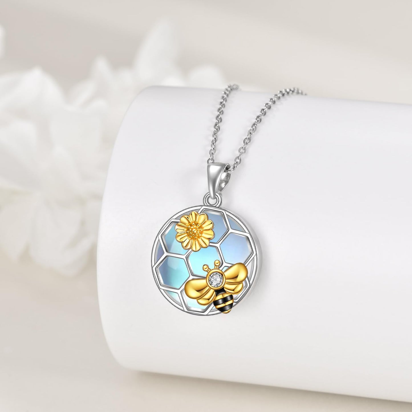 LUHE Bee Necklace 925 Sterling Silver Moonstone Necklace Honeycomb Cute Flower Pendant Necklaces for Women Christmas Gifts for Her Women