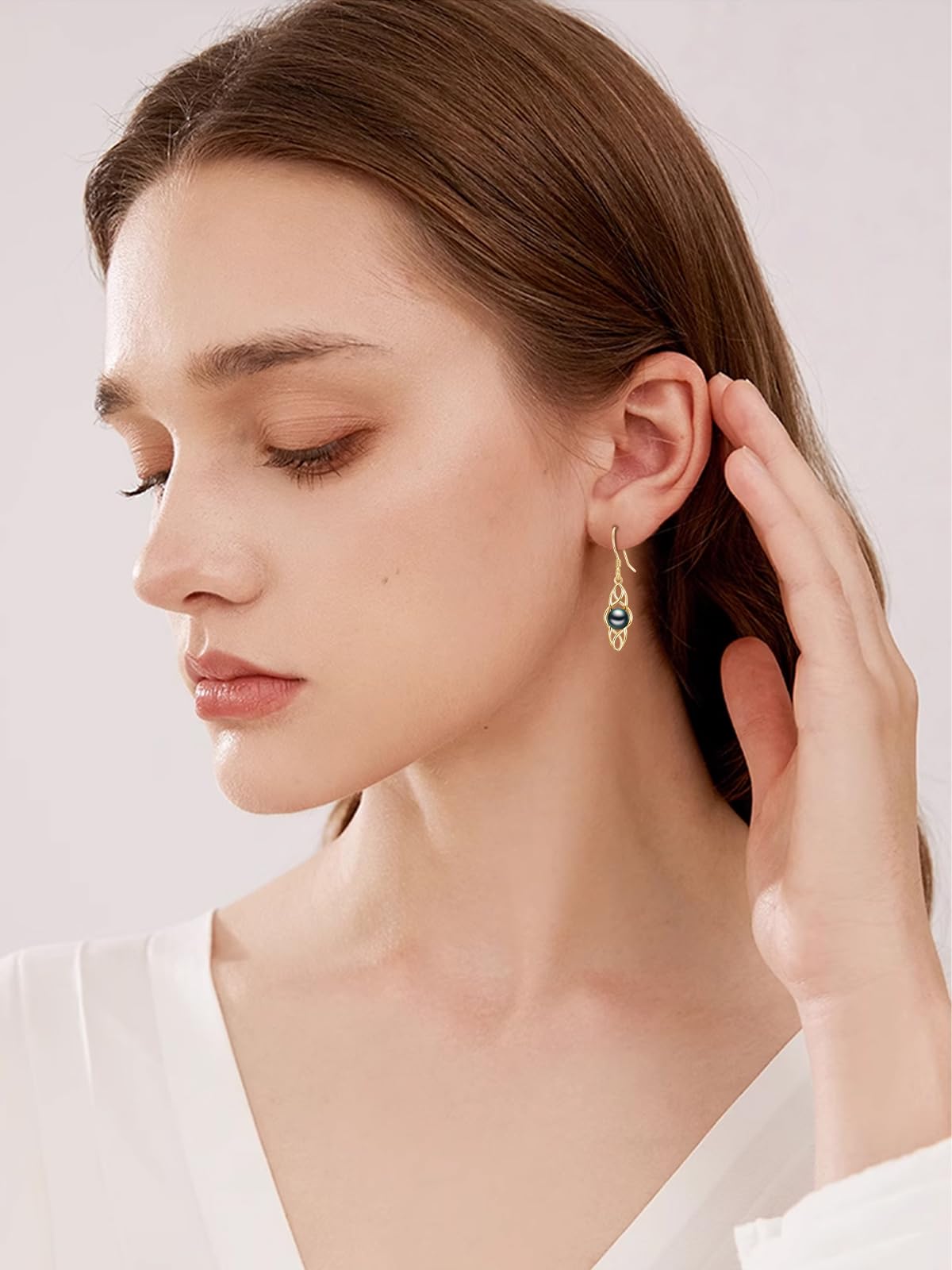KANNSOAR Tahitian Black Pearl 18K AAAA Yellow Gold Plated Sterling Silver Celtic Knot Dangle Drop Earrings for Women Wife Mom Girlfriend Her Jewelry Gift for Anniversary Birthday Christmas
