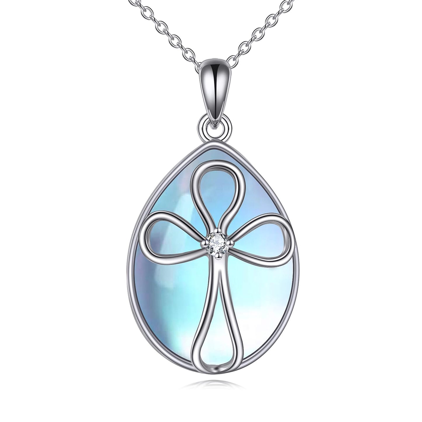 YAFEINI Moonstone Cross Necklace 925 Sterling Silver Cross Cubic Zirconia Pendant Necklace Jewelry for Women (X-Moonstone Cross Necklace)