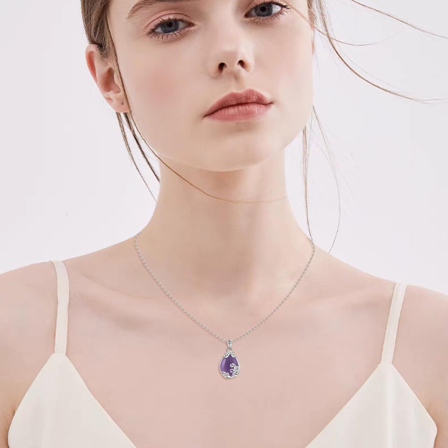 POPLYKE Sterling Silver Amethyst Filigree Teardrop Necklace Filigree Pendant Jewelry Gifts for Women