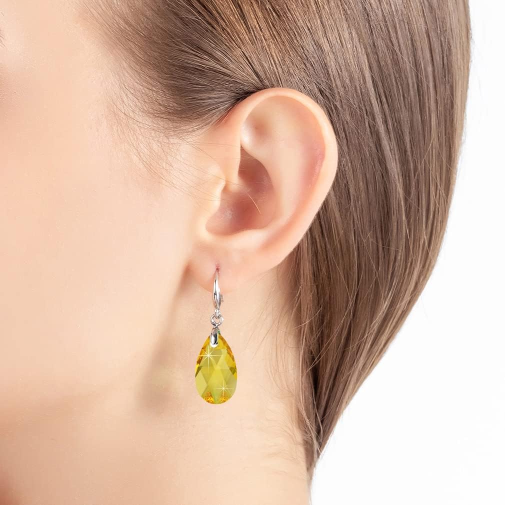 Austrian Crystal Teardrop Dangle Hook Earrings for Women 14K Gold Plated Hypoallergenic Jewelry (Yellow)