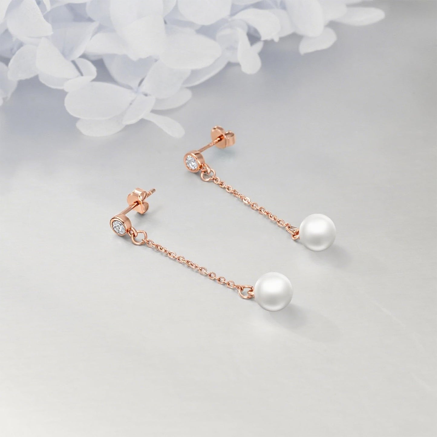 POPLYKE Rose Gold Plated Pearl Drop Earrings Sterling Silver Threader Long Chain Pearl Earrings Jewelry Gifts for Women