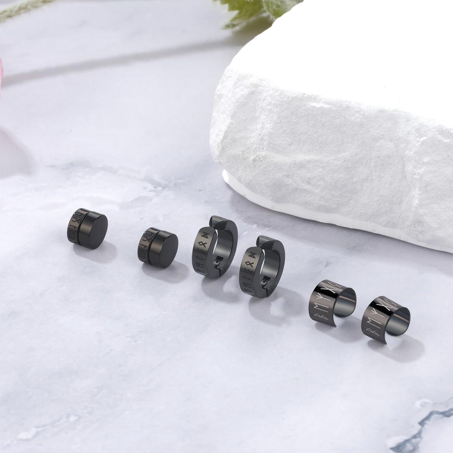 6PCS Viking Non-Piercing Magnetic Earrings: Stainless Steel Black Punk Fake Cheater Studs Clip On Jewelry for Men Women