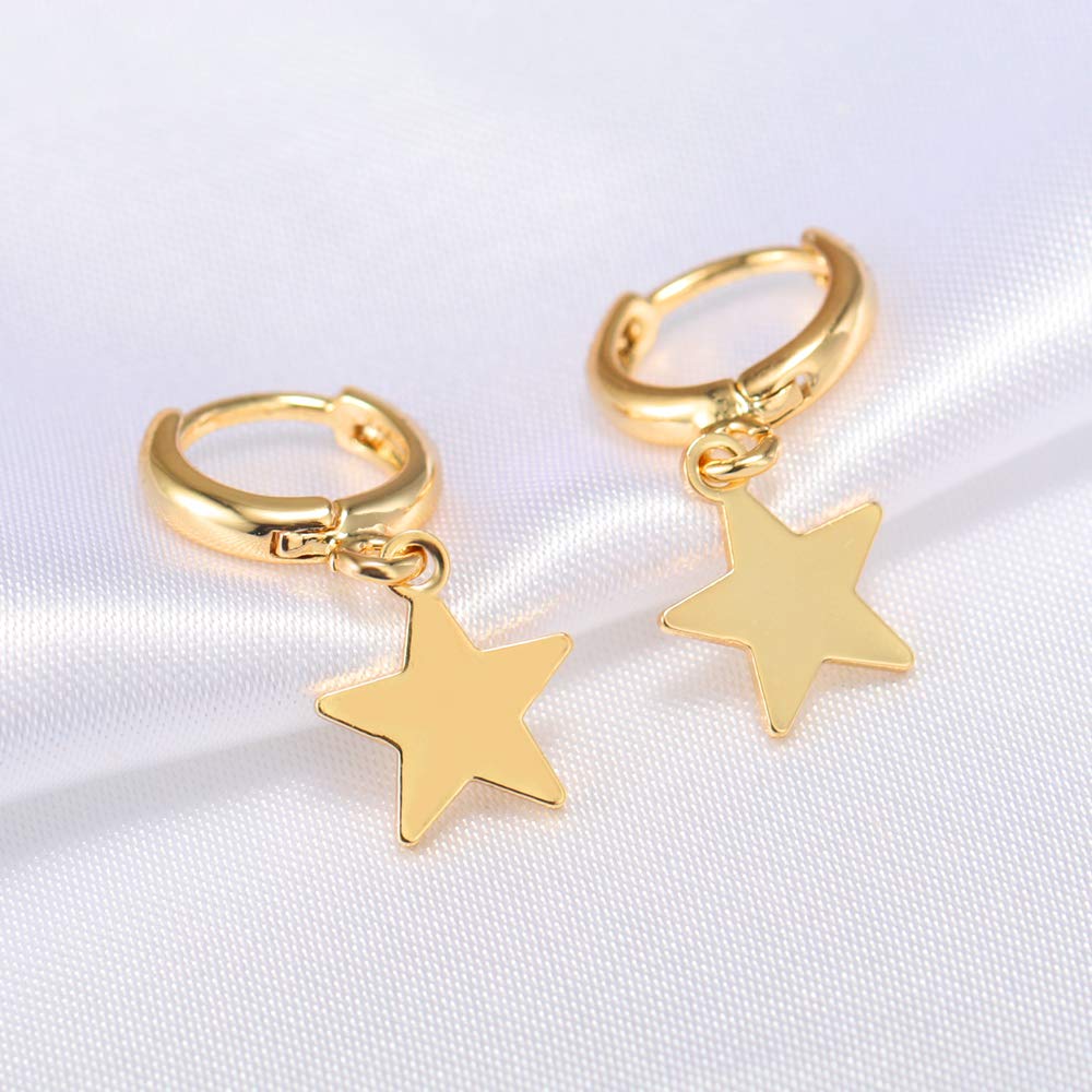 Small Hoop Star Dangle Drop Hoop Earrings With Small Charm for Women Cute Cartilage Fashion 18K Yellow Gold Plated Vintage Elegant Dangling Jewelry