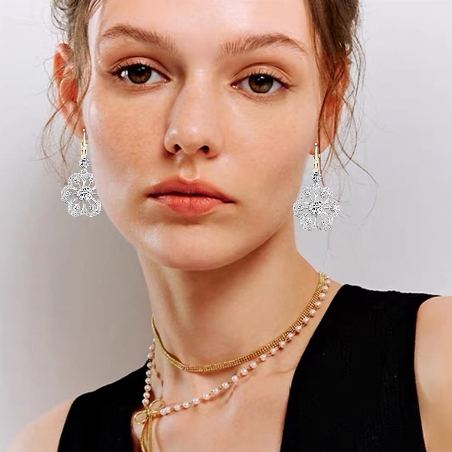 JNONL Vintage Silver Sparkly Crystal Camellia Flower Leverback Earrings Rhinestone Snowflake Round Dangle Drop Earrings for Women (Silver 5)