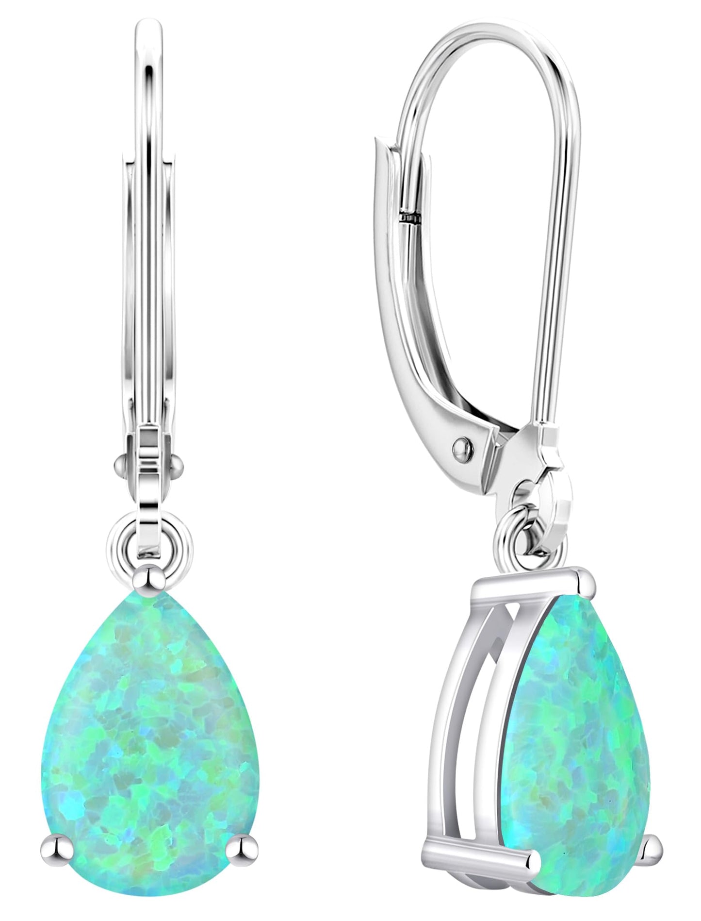 YL 925 Sterling Silver Teardrop Dangle Drop Earrings for Women 7x10 MM Solitaire Green Created Opal Leverback Jewelry