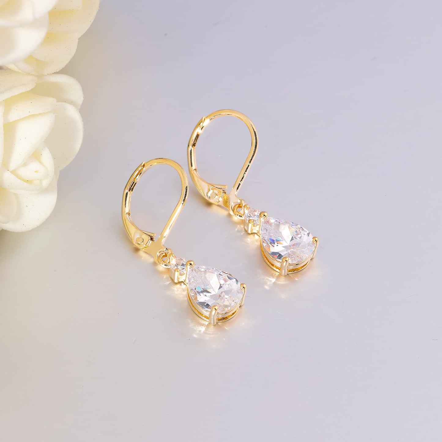 CiNily Leverback Dangle Earrings for Women 14K Gold Plated Drop Earrings White Cubic Zircon Fashion Teardrop Hoop Earrings Hypoallergenic Jewelry for Sensitive Ear