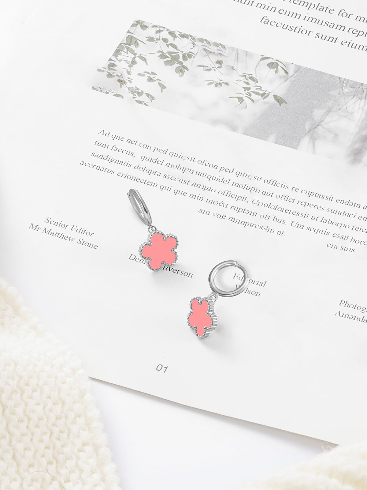 Gold Plated Five Leaf Clover Dangle Earrings for Women Lucky Flower Jewelry (Pink-White Gold Plated)