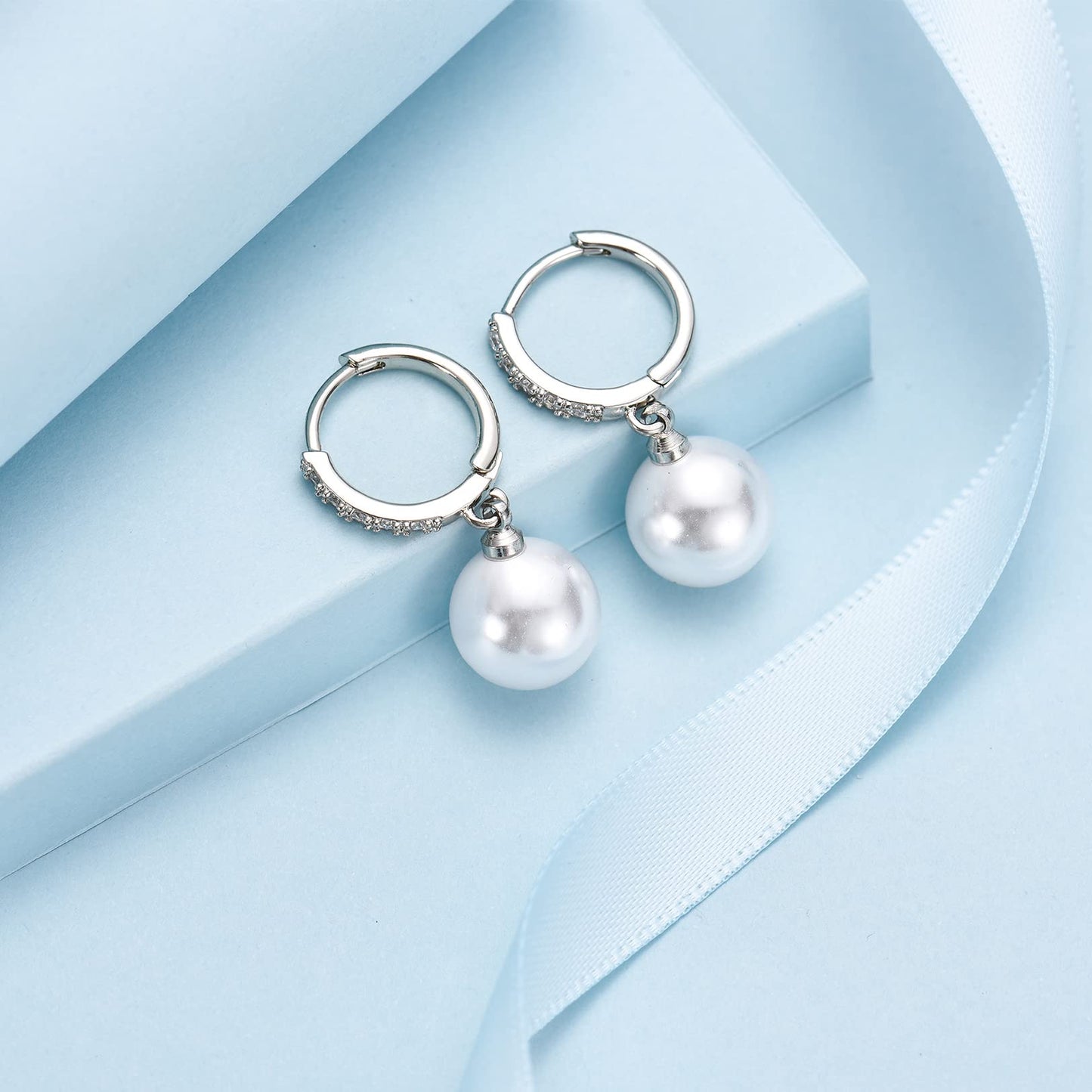 CERSLIMO Pearl Drop Earrings for Women | S925 Sterling Silver Post Simulated Shell Pearl Hoop Dangle Earrings, Hypoallergenic Cubic Zirconia Huggies Earrings Bridesmaid Jewelry