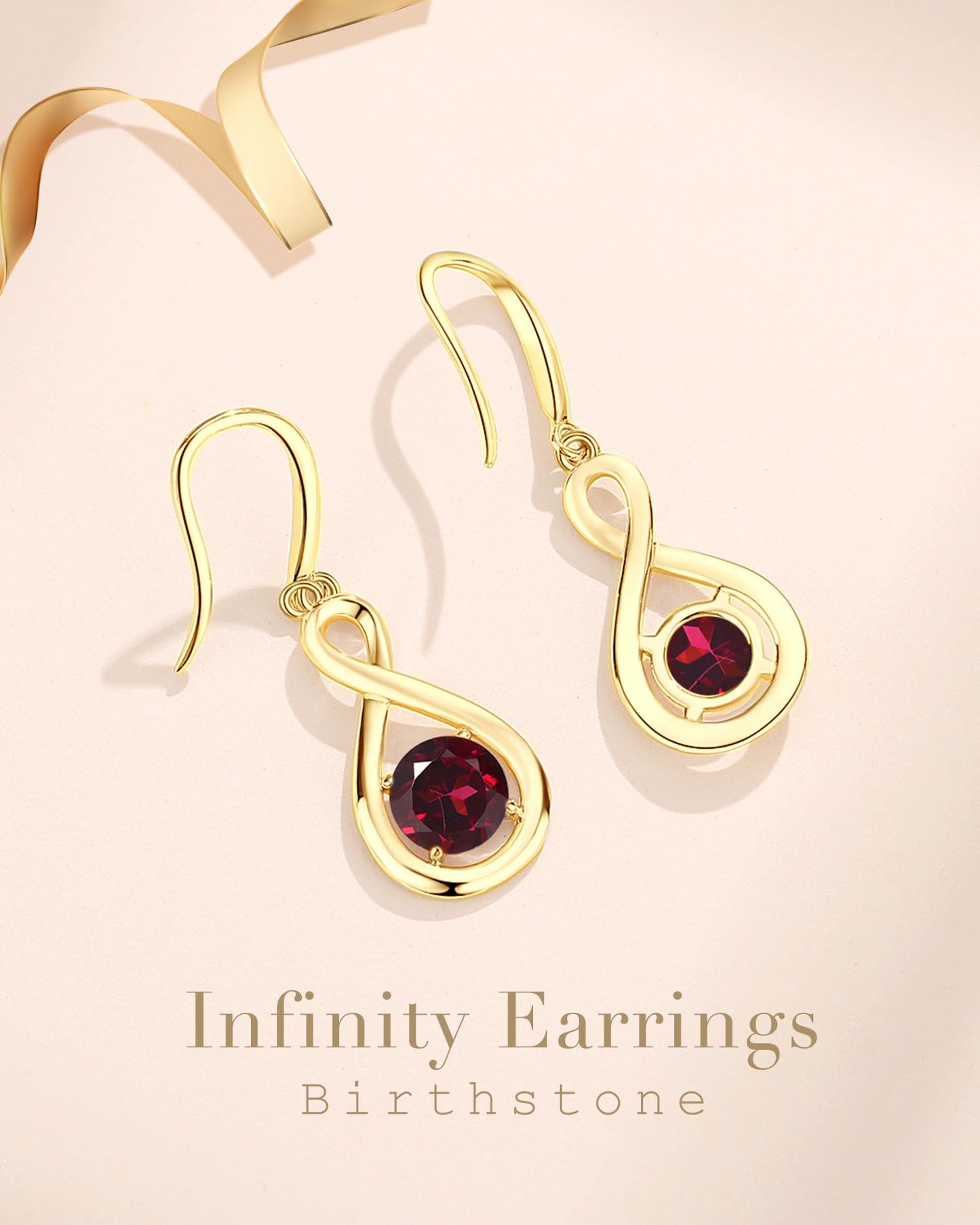 FANCIME Garnet Dangle Drop Earrings 925 Sterling Silver Yellow Gold Plated Dainty Infinity Red Gemstone Earring January Birthstone Fine Jewelry Birthday Mothers Day Gifts for Wife Her Women