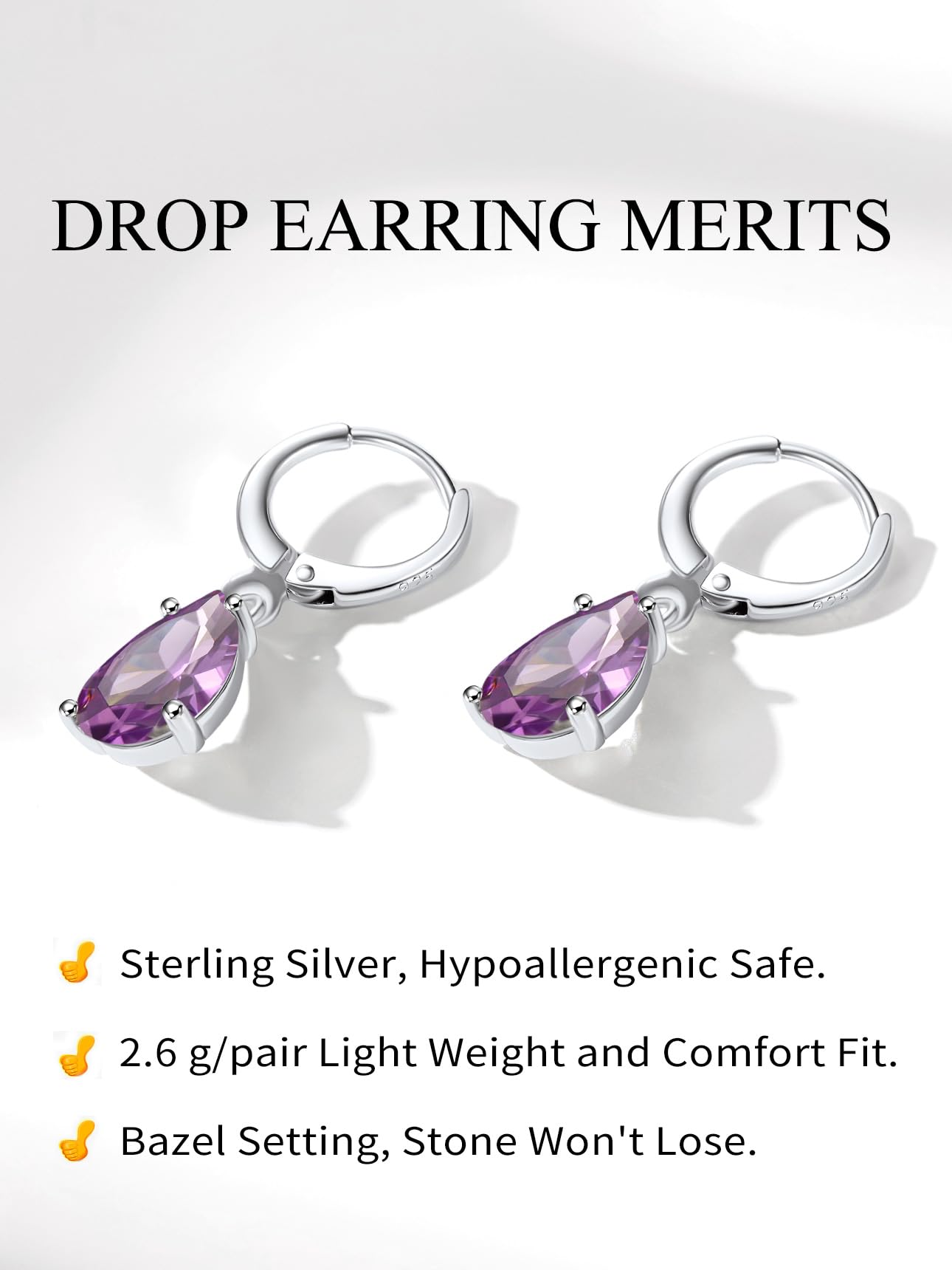 Bestyle Created Alexandrite Purple Birthstone Earrings for Women - Teardrop Earrings Small Silver Dangle Hoop Earrings for Women - Dainty Cute Earrings for Birthday Wedding Party