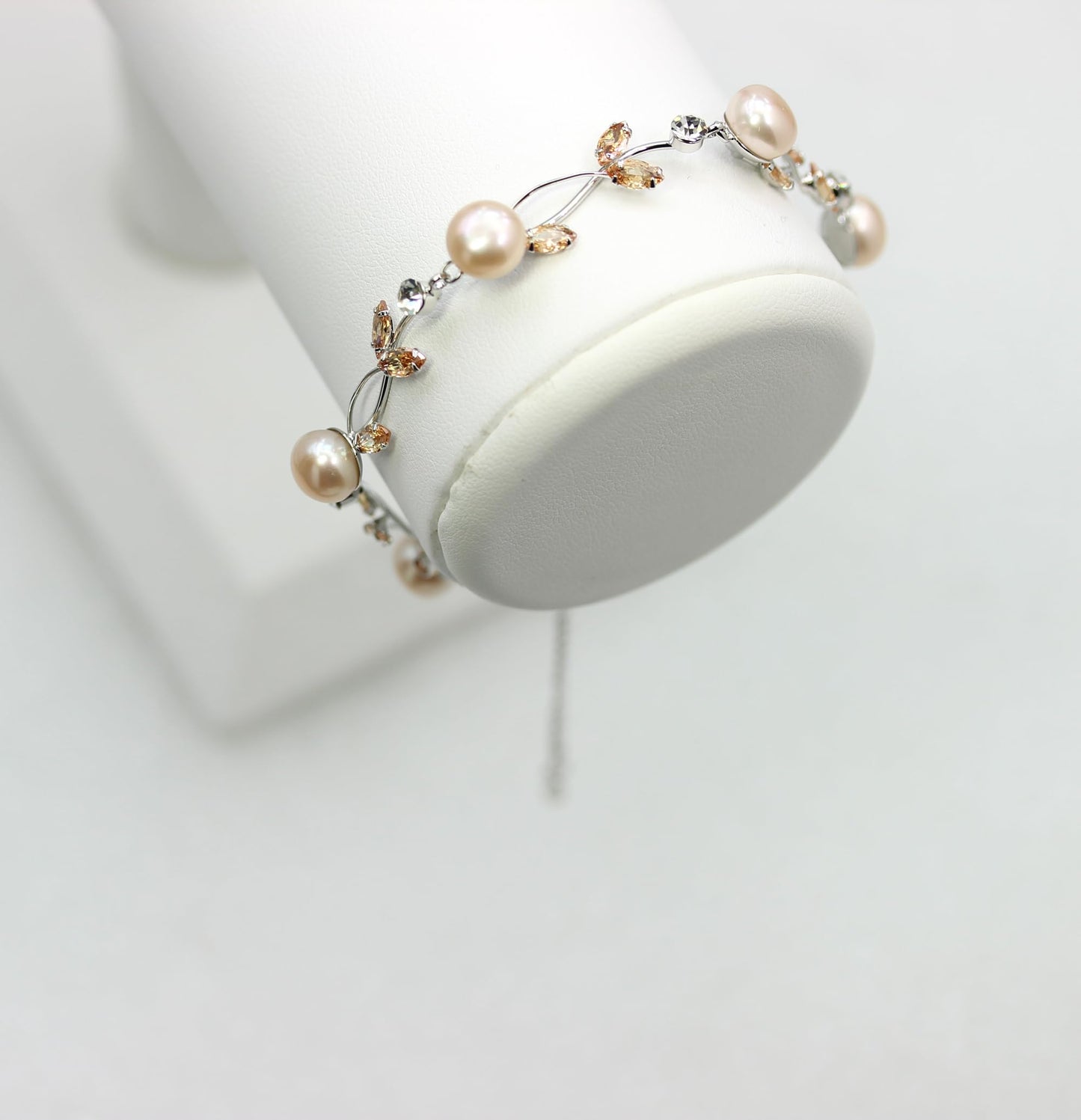 Faship Champagne CZ Crystal Genuine Freshwater Pearls Floral Bracelet 7.5" - 9.5" - Brown/Silver-Tone/Matching Bracelet
