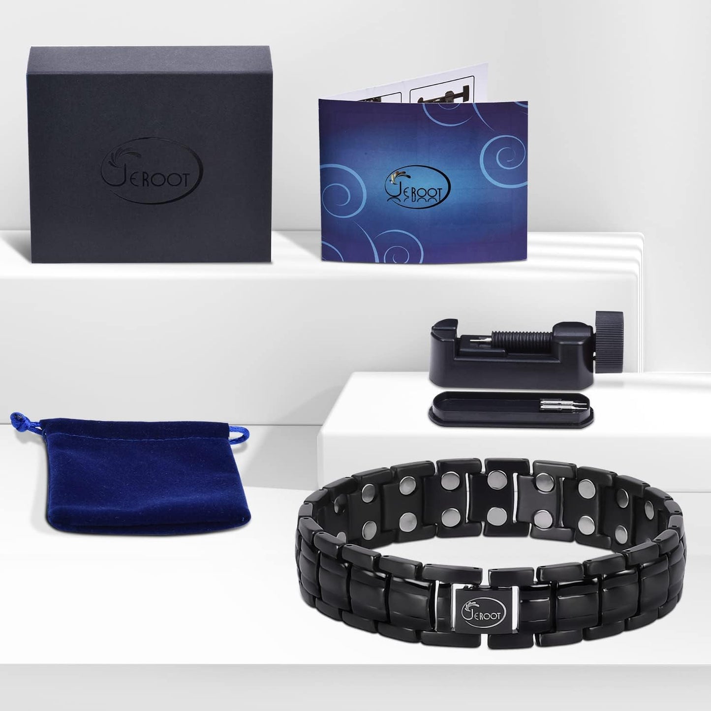 JEROOT Magnetic Bracelets for Men, Pure Titanium Bracelet (3500Gauss Per Magnet), Men's Bracelet Lymphatic Jewelry Gifts （Black）
