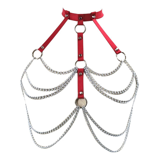 Adjustable Gothic Chest Chain for Women, Punk Faux Leather Body Chain Harness Waist Belt, Alternative Body Waist Chain Belly Bra Body Chain for Women (Red Chest Band)
