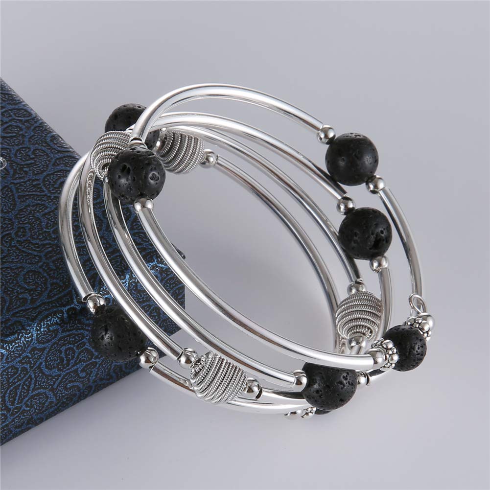 PEARL&CLUB Beaded Chakra Bangle Turquoise Bracelet - Fashion Jewelry Wrap Bracelet with Thick Silver Metal and Mala Beads, Birthday Gifts For Women(63-Lava Black)
