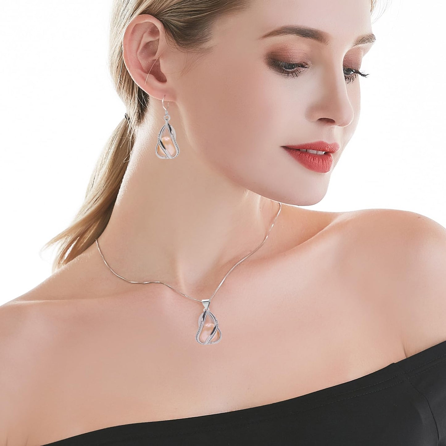 HENGSHENG Pearl Jewelry Set For Women S925 Sterling Silver Necklace & Earrings Set Freshwater Pearl Pendant Cage Set for Wedding Anniversary Prom Birthday Gift - Silvery Pink
