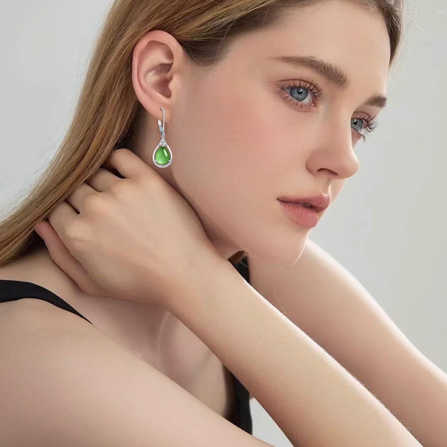 Green Earrings Sterling Silver Leverback Teardrop Dangles Earring Jewelry Christmas Gifts for Women
