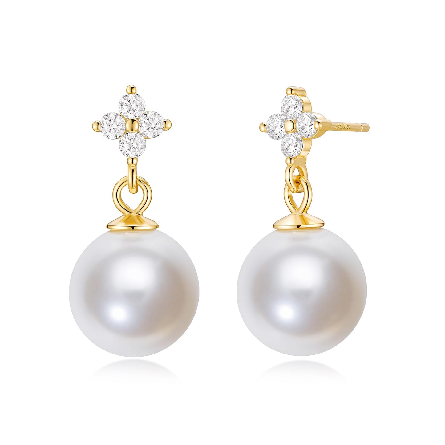 Mamelody Dangle Pearl Earrings for Women 925 Sterling Silver CZ 10MM Simulated White Pearl Stud Drop Earrings 14K Gold Plated Wedding Prom Jewelry Hypoallergenic