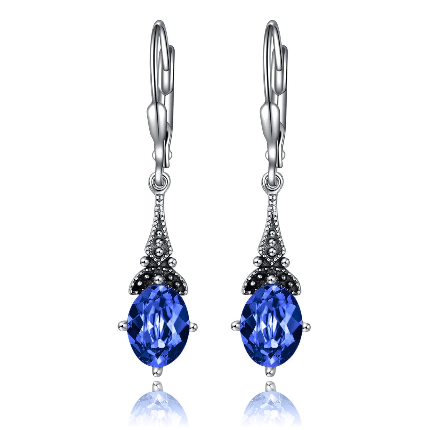 Sapphire Blue Vintage Leverback Earrings Sterling Silver Retro Drop Earrings with Oval Simulated September Birthstone Crystal from Austria, Birthday Jewelry Gifts for Women