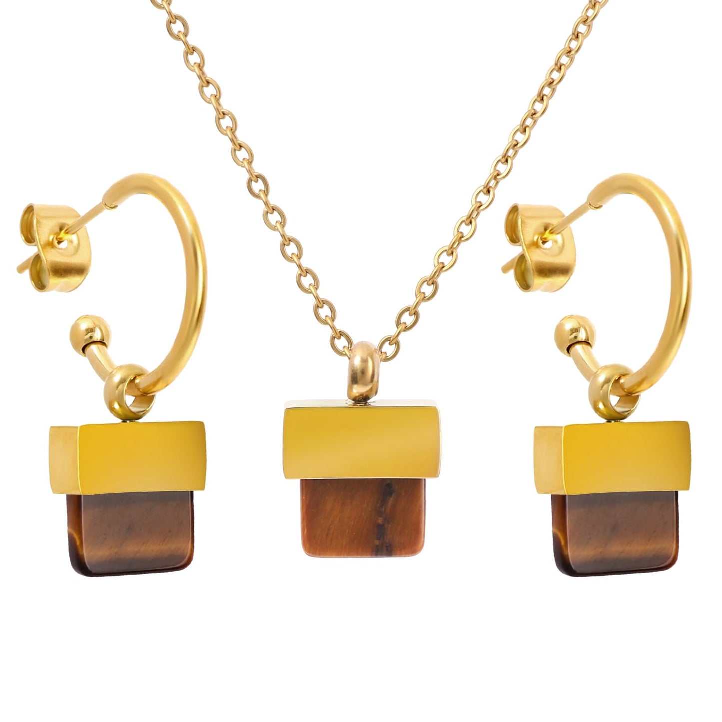 TaYolnFaSo Natural Tiger Eye Necklace and Earrings Set for Women 18K Gold Plated Tiger Eye Jewelry Set Square Gemstone Jewelry Gift