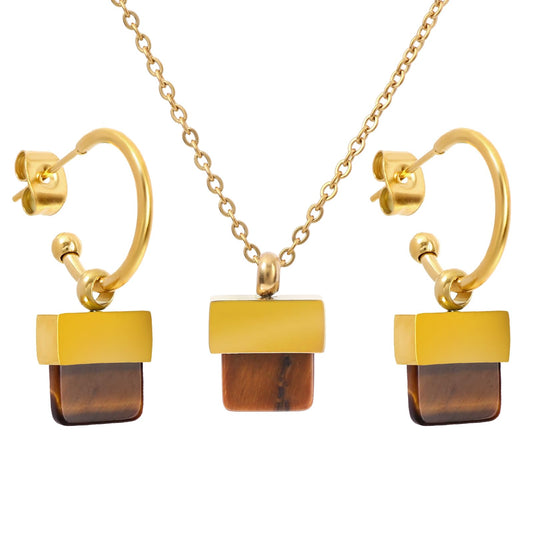 TaYolnFaSo Natural Tiger Eye Necklace and Earrings Set for Women 18K Gold Plated Tiger Eye Jewelry Set Square Gemstone Jewelry Gift