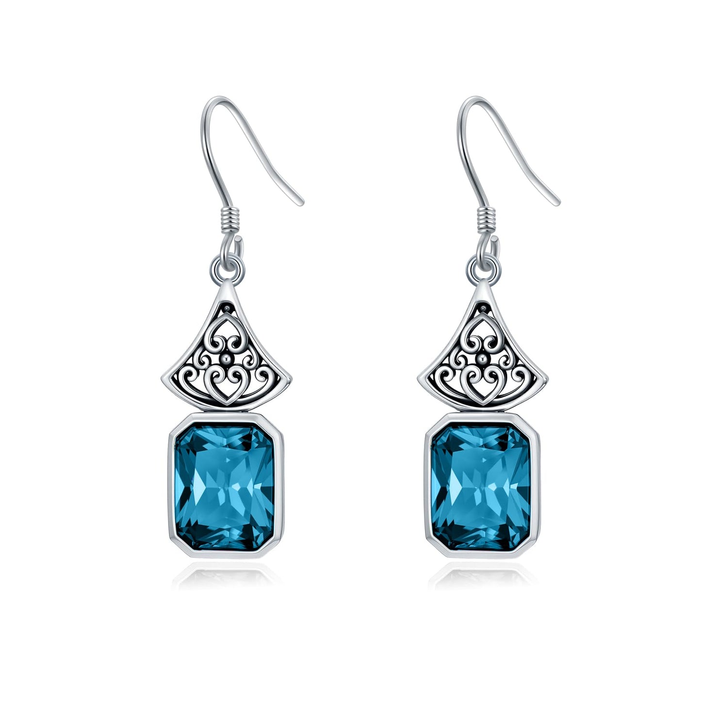 Vintage Earrings 925 Sterling Silver Oxidized Dangle Drop Earrings with Emerald Cut Blue Zircon December Birthstone Anniversary Jewelry Gifts for Women