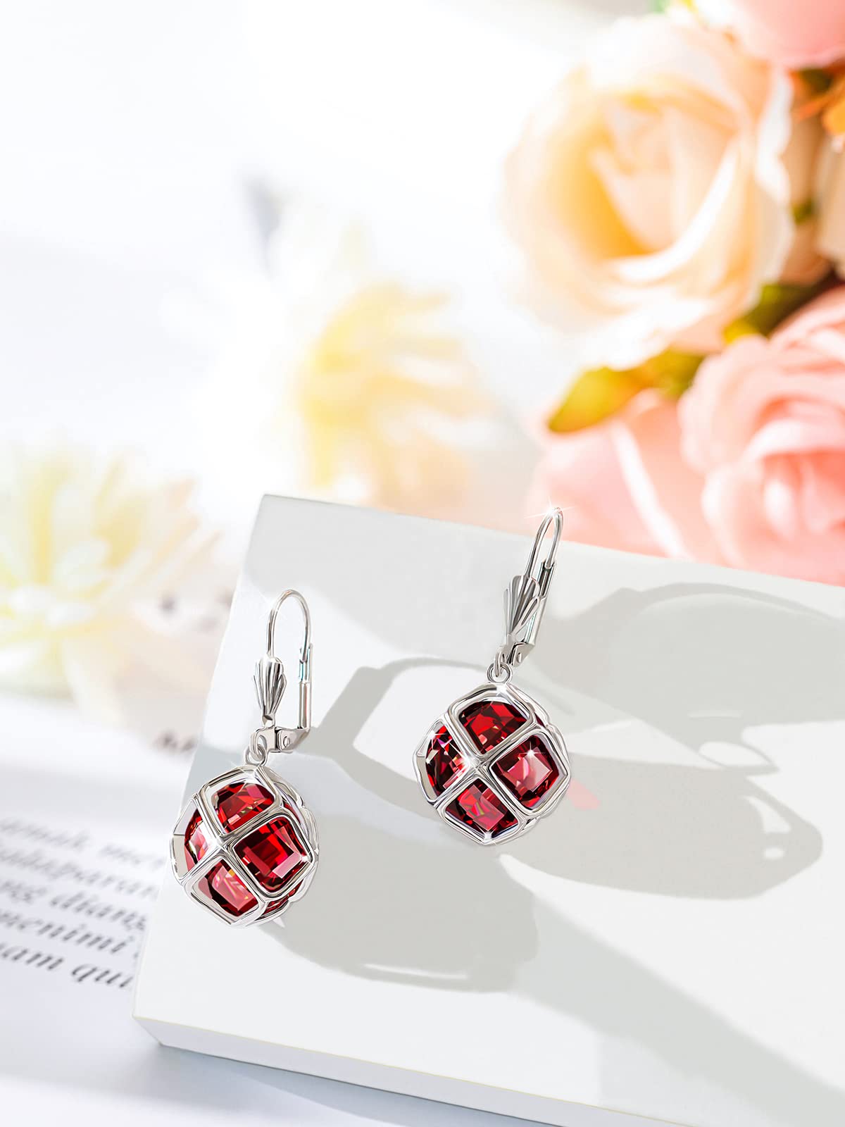 Big Dark Red Crystal Dangle Earrings for Women (Jan-Garnet-White Gold)