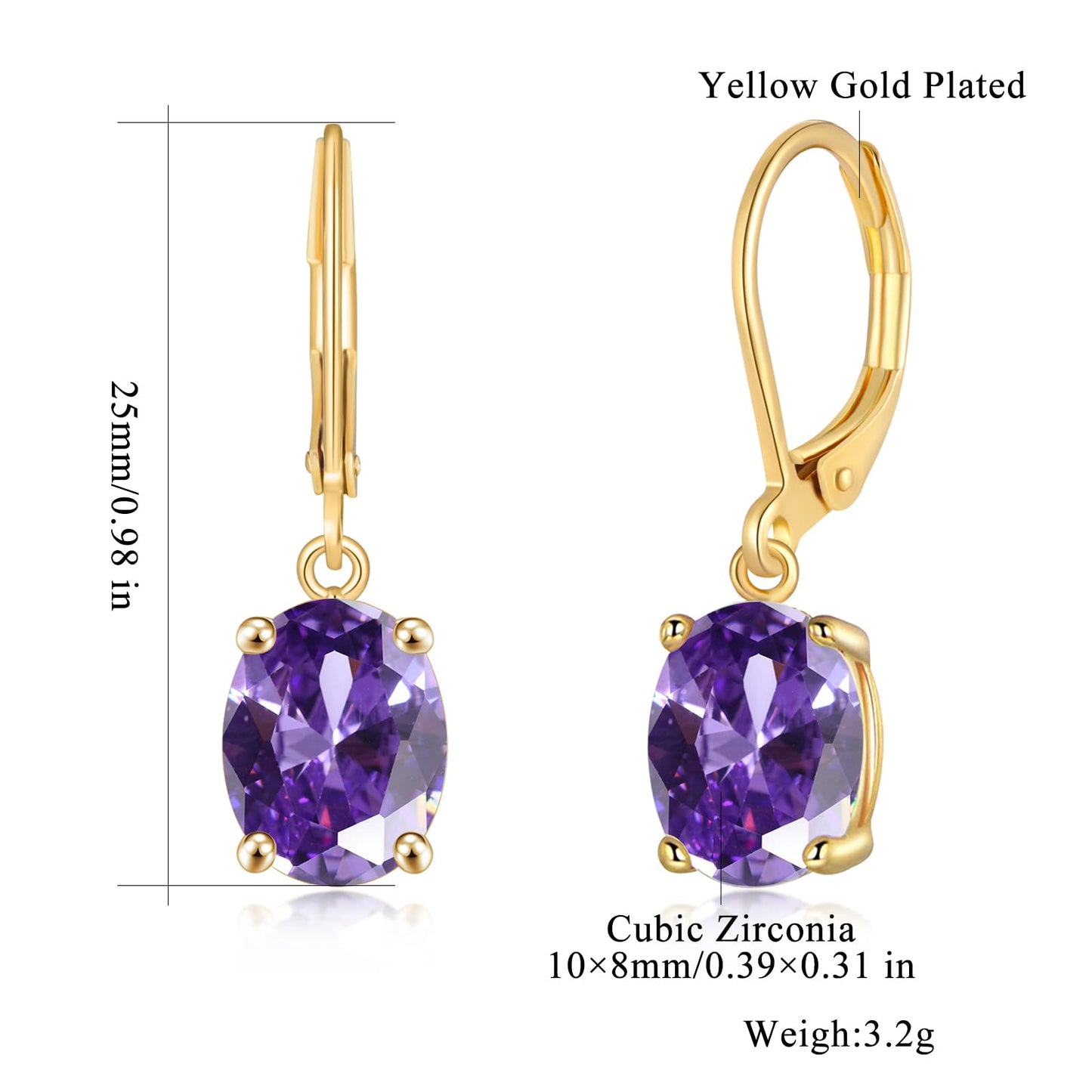 CiNily Cut-Oval Leverback Dangle Earrings for Women Purple Cubic Zircon 14K Gold Plated Hypoallergenic Hanging Earrings Lightweight Summer Drop Earrings