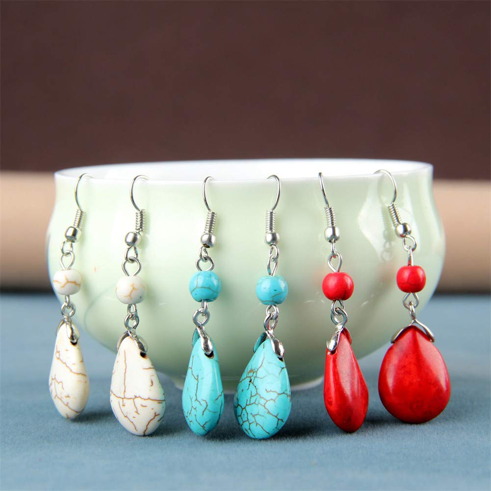 Double Turquoise Drop Earrings Natural Stone Round Bead Ball Dangle Earrings for Women Fashion Jewelry Gift (K:red)