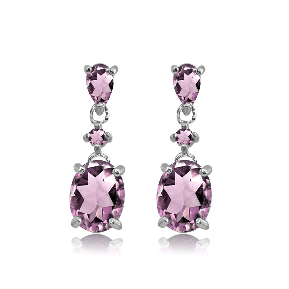 Sterling Silver Purple CZ Oval Three Stone Drop Dangle Earrings for Women