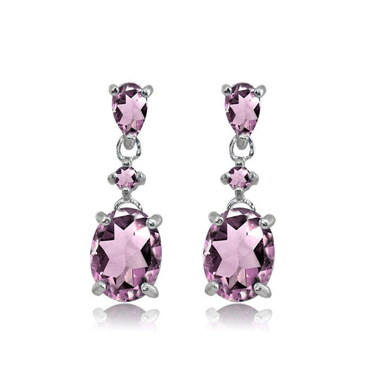 Sterling Silver Purple CZ Oval Three Stone Drop Dangle Earrings for Women