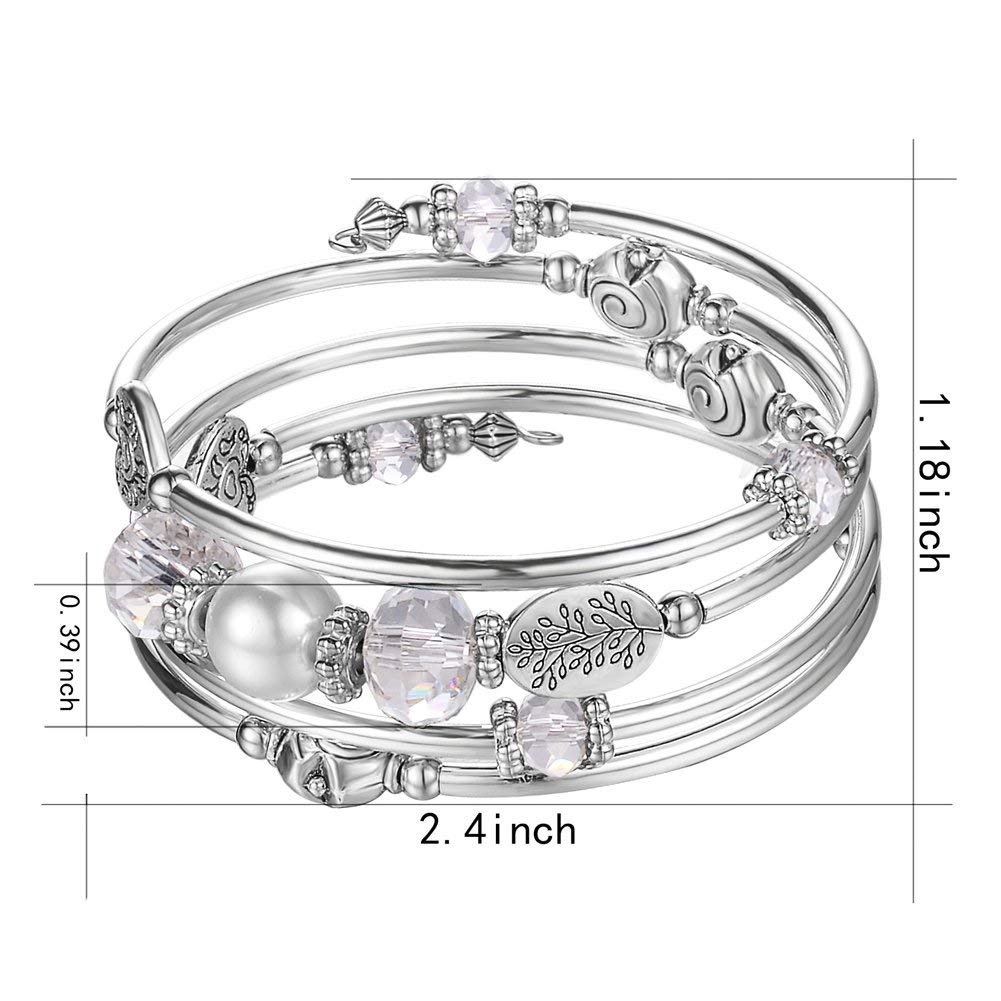 PEARL&CLUB Bead Crystal Wrap Bangle Bracelet - Fashion Jewelry Beaded Bracelet with Silver Metal, Gifts for Women(92-White)